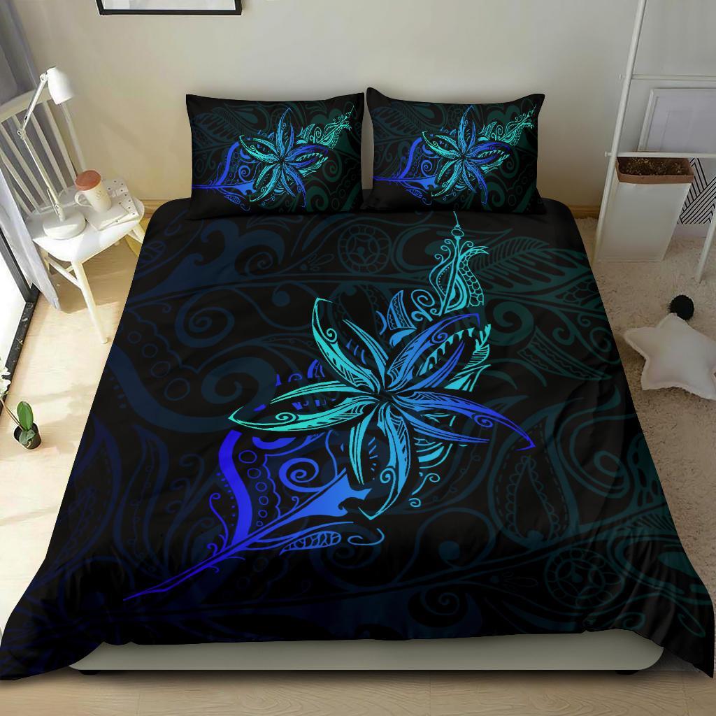 Light Silver Fern New Zealand Bedding Set, Frangipani Tattoo Duvet Covers - Blue - Vibe Hoodie Shop