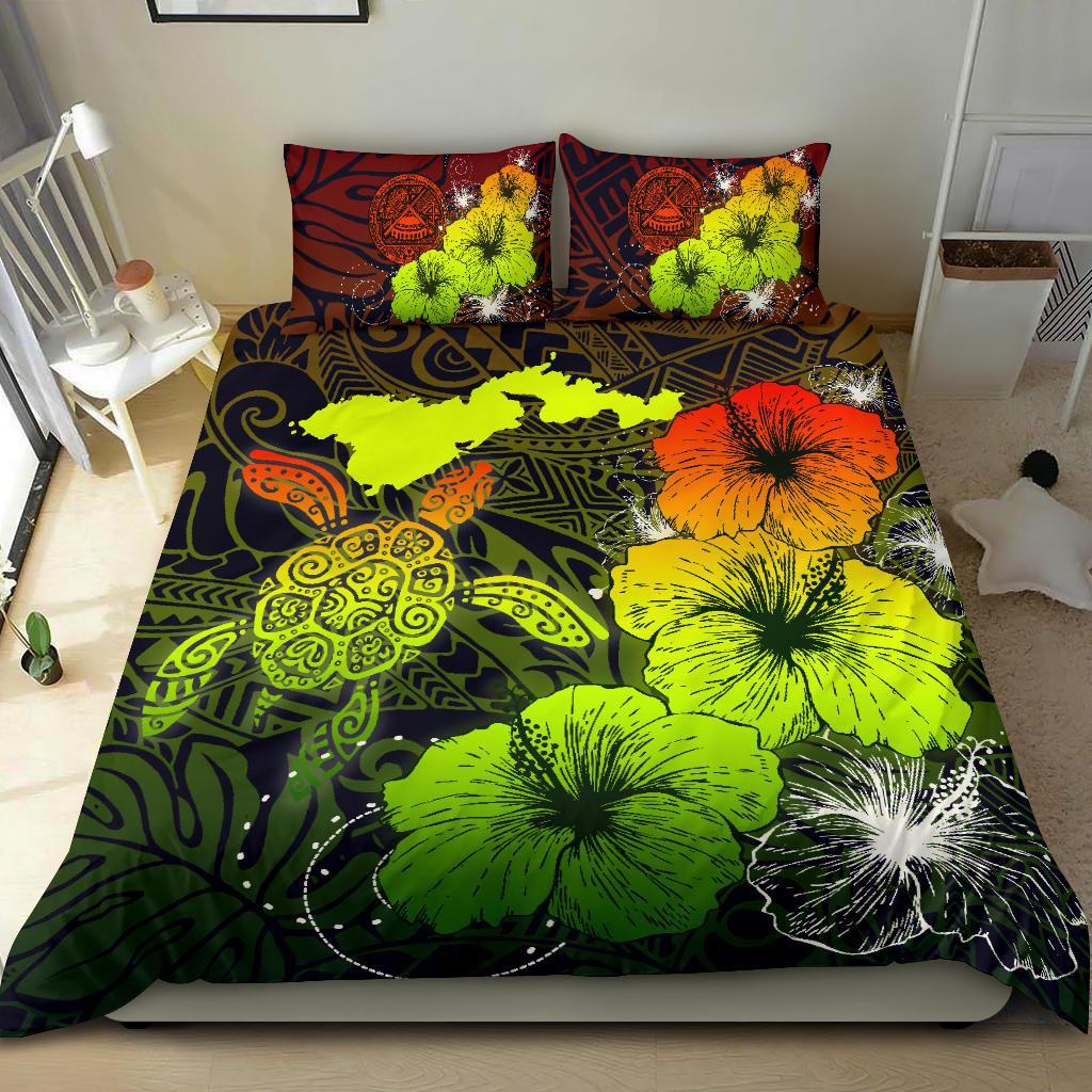 American Samoa Hibiscus Turtle Polynesian Bedding Set - Maps Style Reggae - Vibe Hoodie Shop