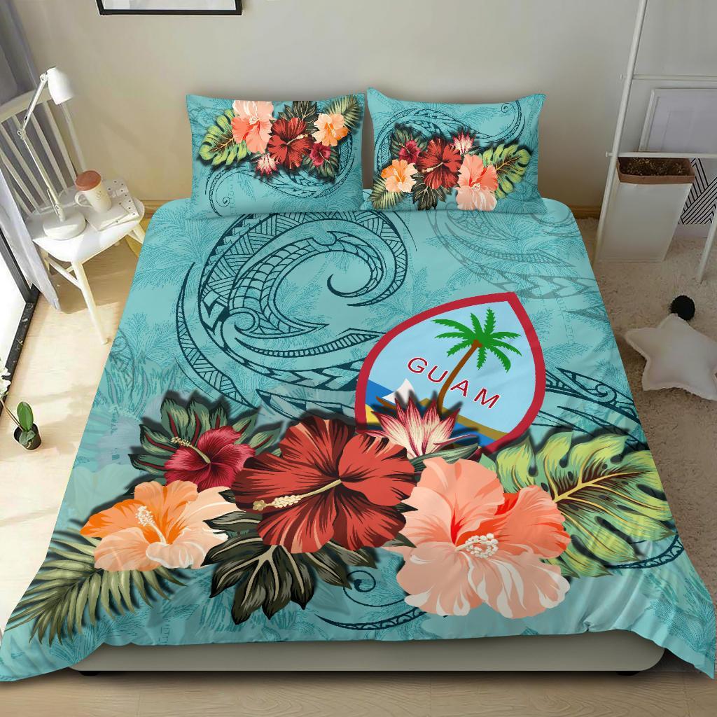 Guam Bedding Set Guam Hibiscus Polynesian Wave Coat Of Arms Duvet Cover Blue - Vibe Hoodie Shop