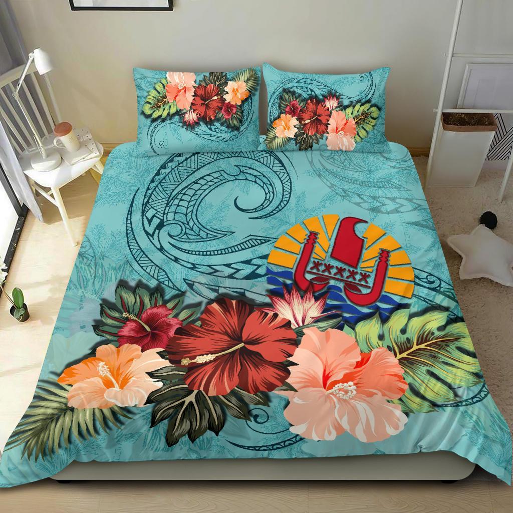 Tahiti Bedding Set Tahitian Hibiscus Polynesian Wave Coat Of Arms Duvet Cover Blue - Vibe Hoodie Shop