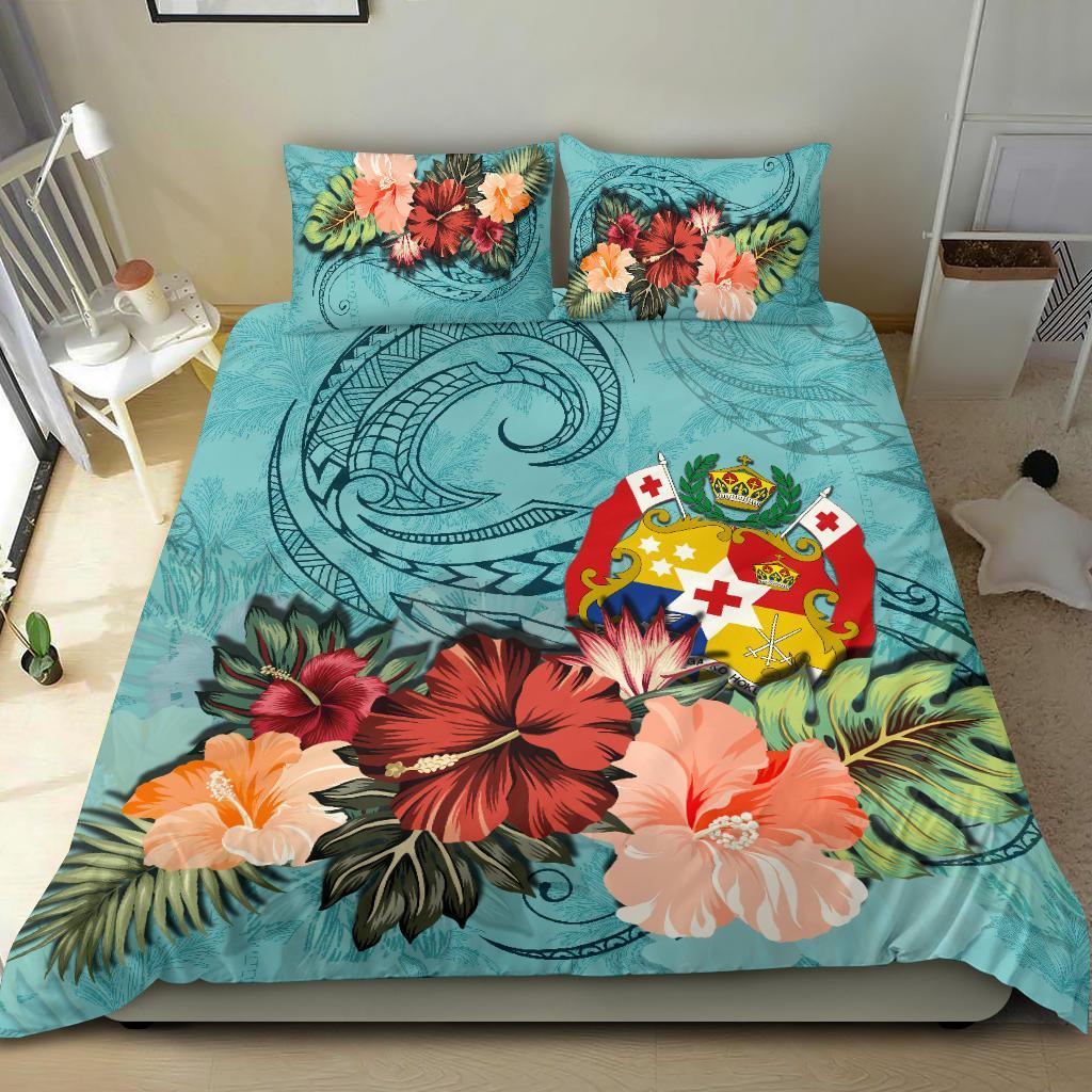 Tonga Bedding Set Tonga Hibiscus Polynesian Wave Coat Of Arms Duvet Cover Blue - Vibe Hoodie Shop