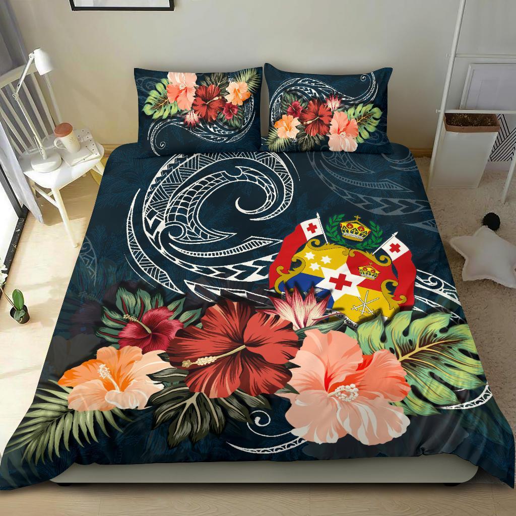 Tonga Bedding Set Tonga Hibiscus Polynesian Wave Coat Of Arms Duvet Cover - Vibe Hoodie Shop