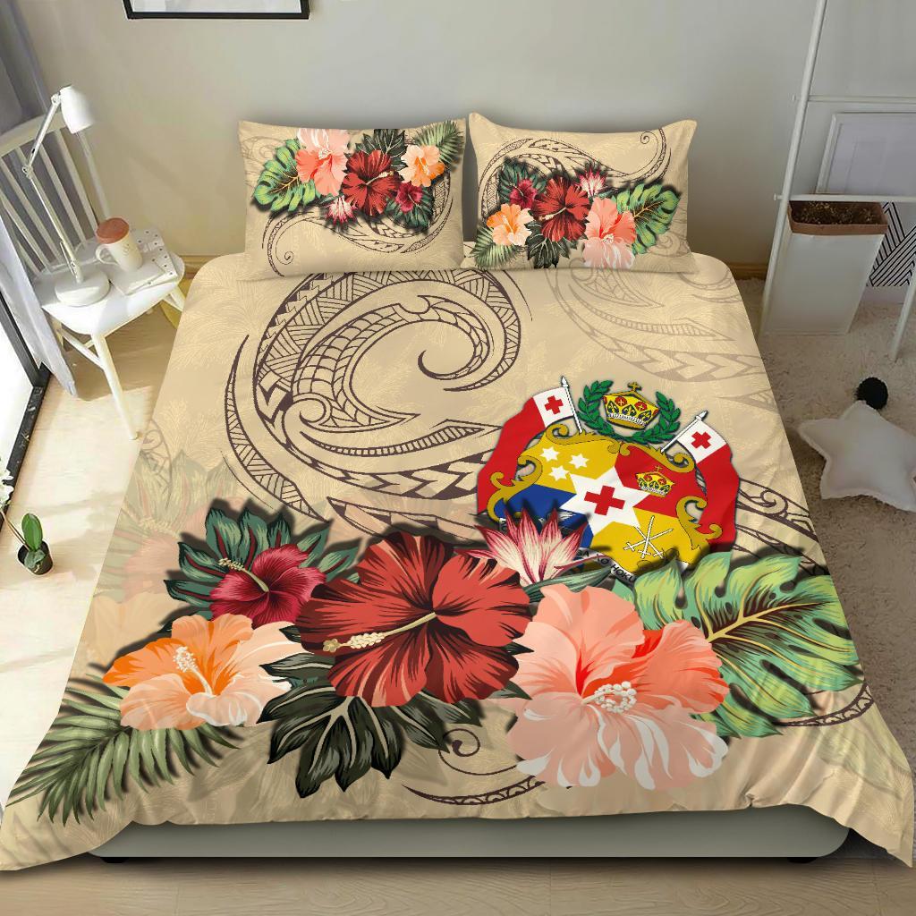 Tonga Bedding Set Tonga Hibiscus Polynesian Wave Coat Of Arms Duvet Cover Beige - Vibe Hoodie Shop