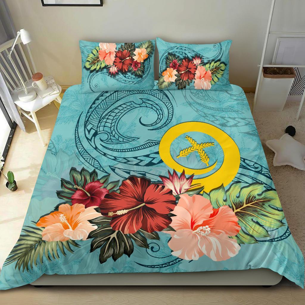 Vanuatu Bedding Set Hibiscus Polynesian Wave Duvet Cover Blue - Vibe Hoodie Shop