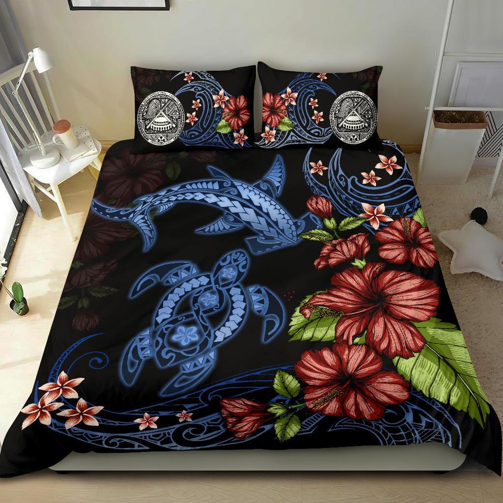 American Samoa Bedding Set Turtle And Shark Polynesian Hibiscus - Vibe Hoodie Shop