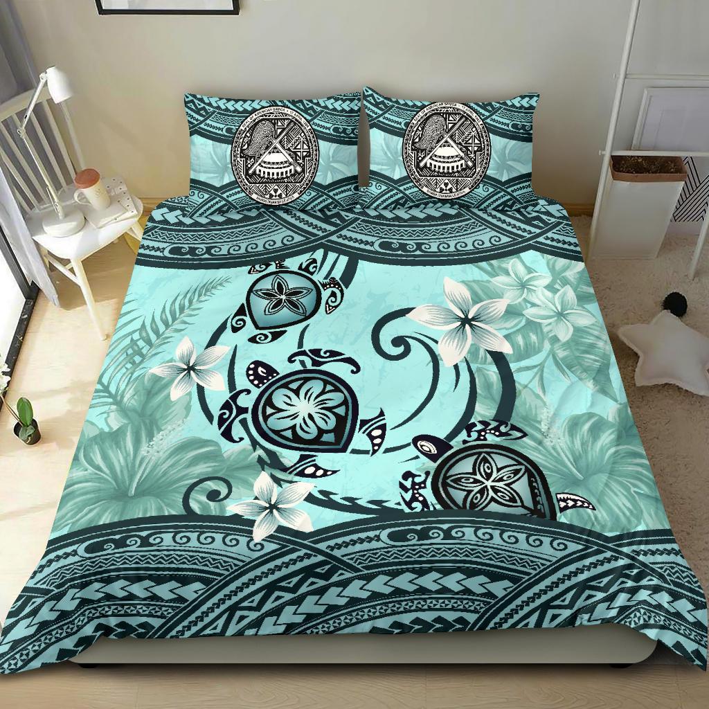 American Samoa Bedding Set - Polynesian Turtle Plumeria Blue - Vibe Hoodie Shop