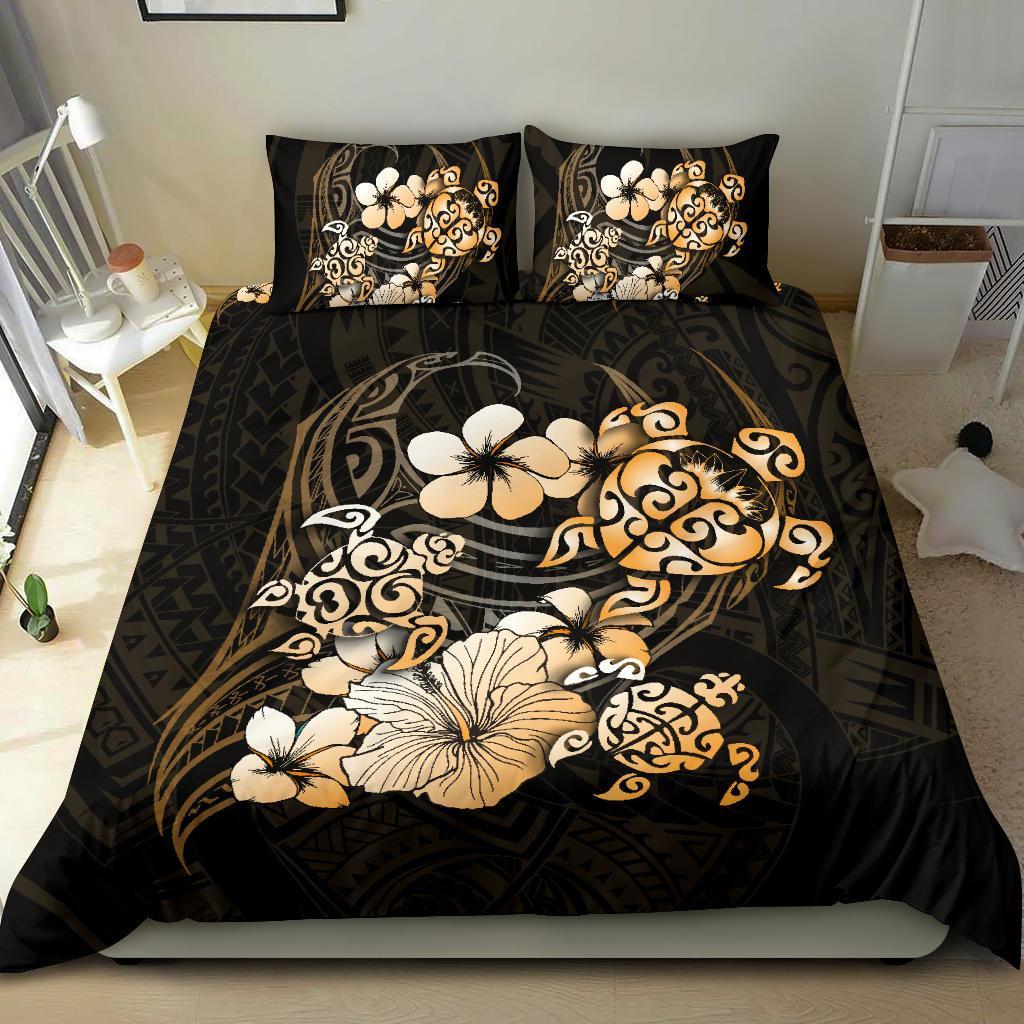 Golden Turtle Hibiscus Mix Plumeria Polynesian Bedding Set - Vibe Hoodie Shop