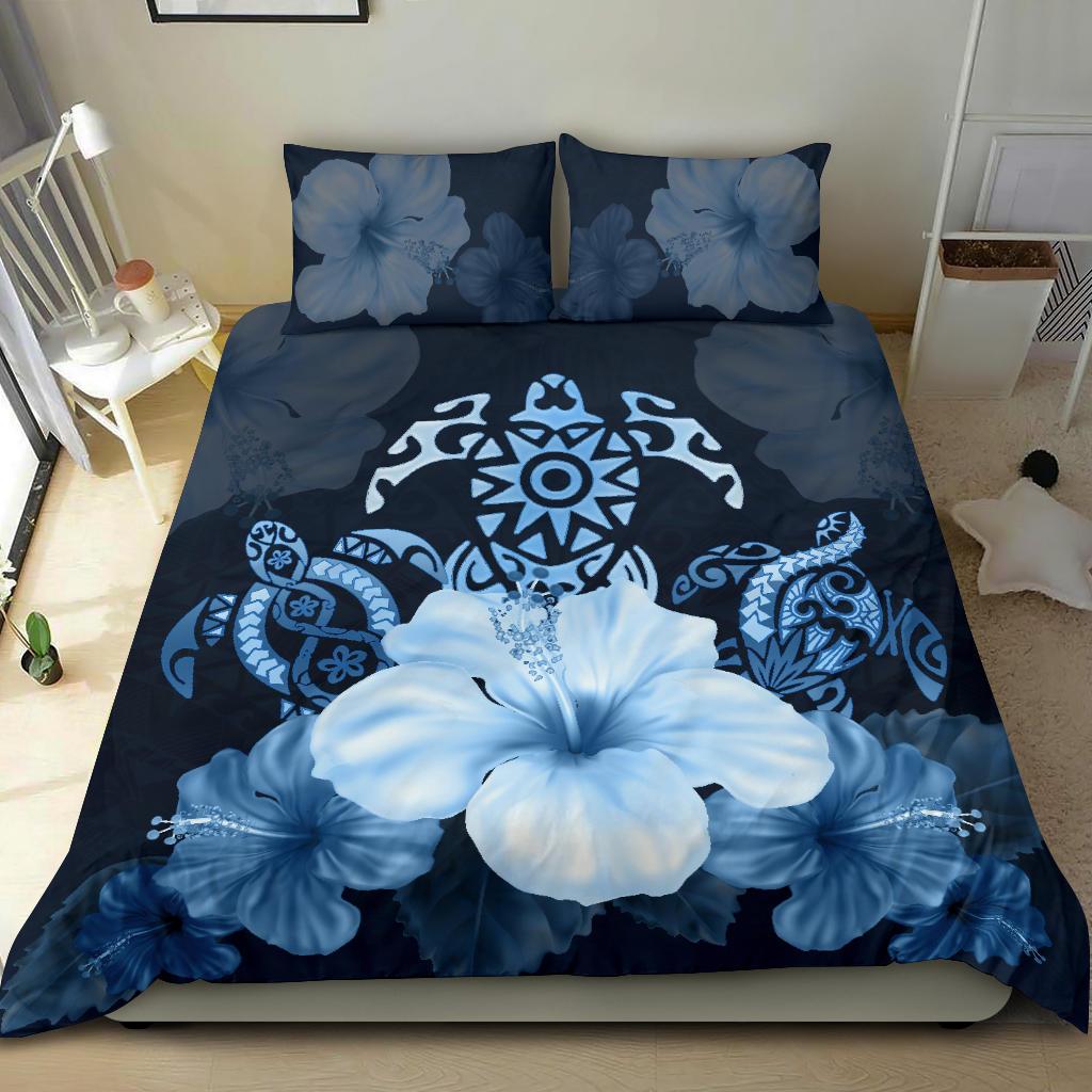 Turtle And Hibiscus Bedding Set - Blue Turtle Tribal - Vibe Hoodie Shop