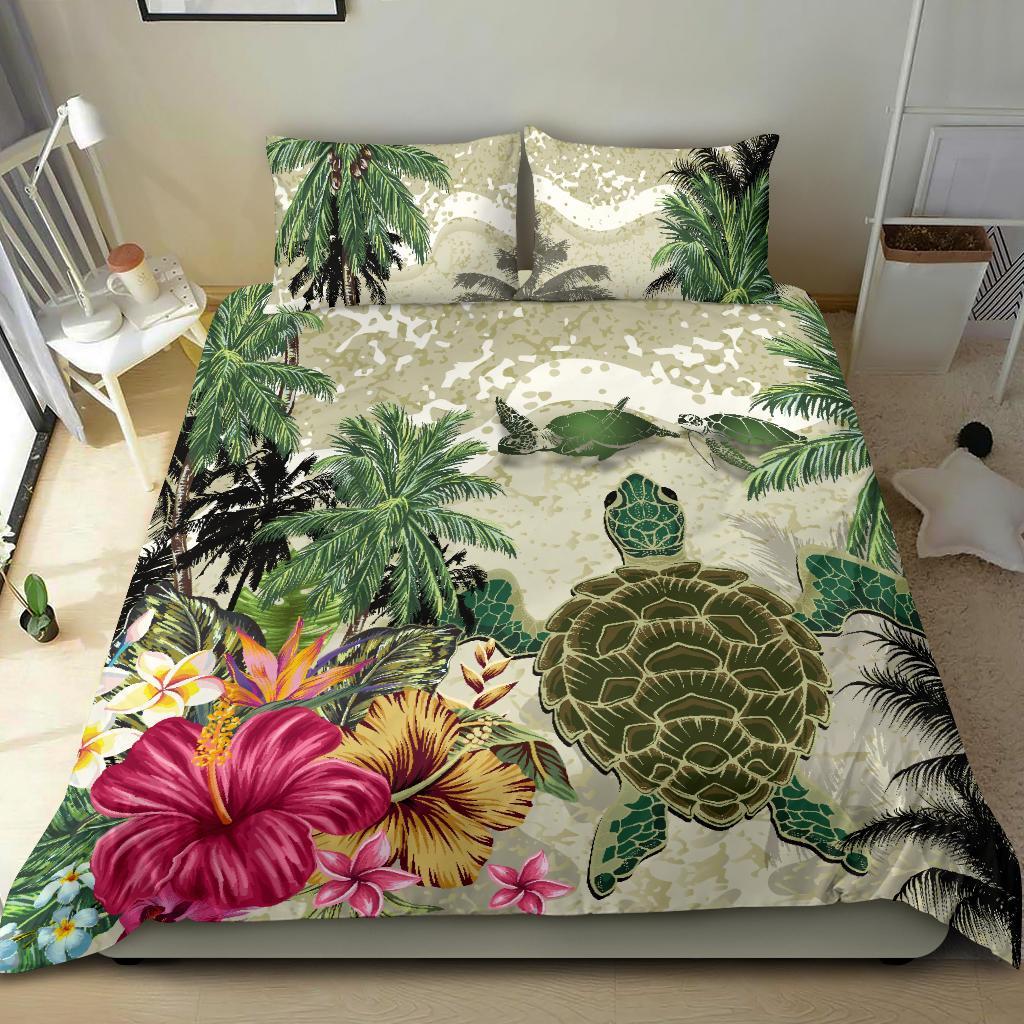 Turtle And Coconut Tree Bedding Set Hibiscus And Turtle On The Beach - Vibe Hoodie Shop