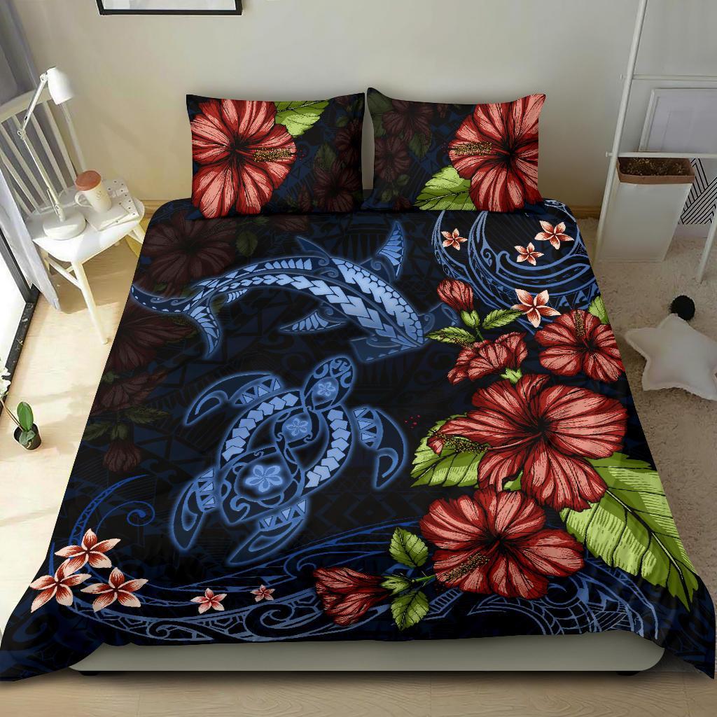 Turtle And Shark Bedding Set Hibiscus Polynesian - Vibe Hoodie Shop