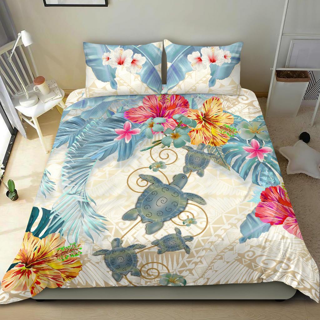 Turtle Bedding Set Hibiscus And Palm Leaf - Vibe Hoodie Shop