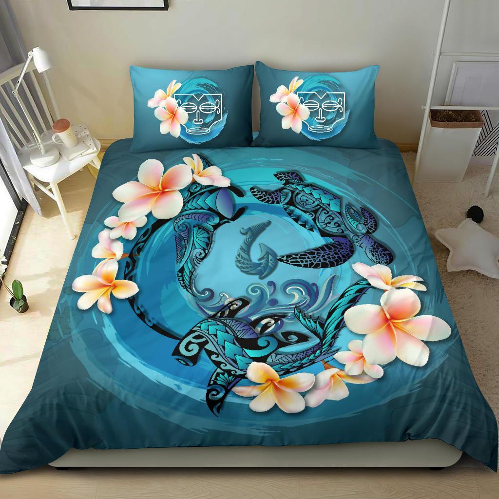 Polynesian Bedding Set, Blue Plumeria Animal Turtle Tattoo - Vibe Hoodie Shop