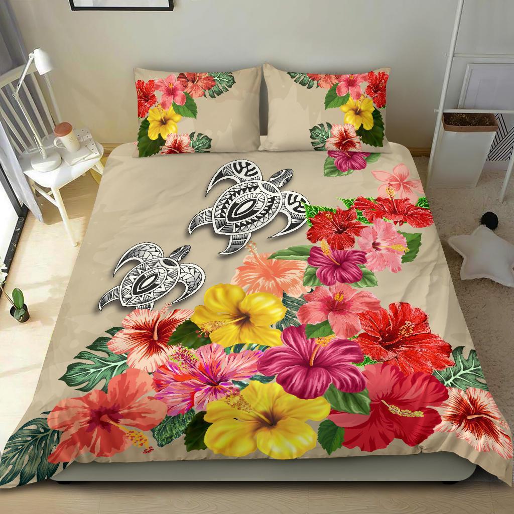 Turtle Polynesian Bedding Set Hibiscus Colorful - Vibe Hoodie Shop