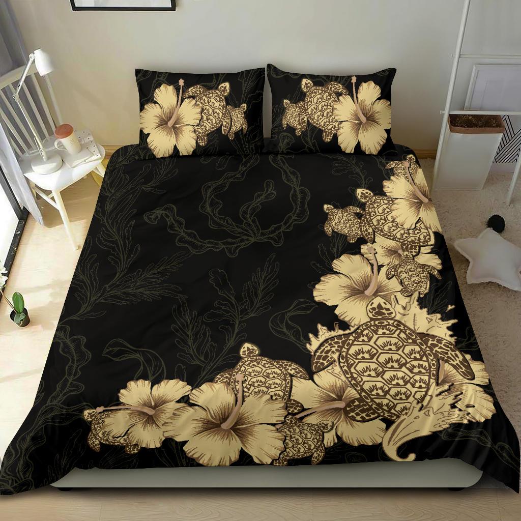 Hibiscus Plumeria Golden Turtle Bedding Set - Vibe Hoodie Shop