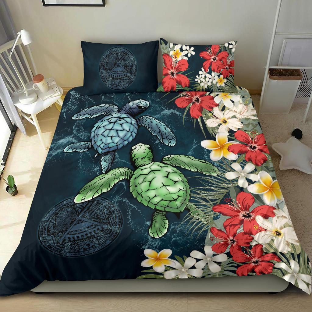 American Samoa Bedding Set - Sea Turtle Tropical Hibiscus And Plumeria - Vibe Hoodie Shop