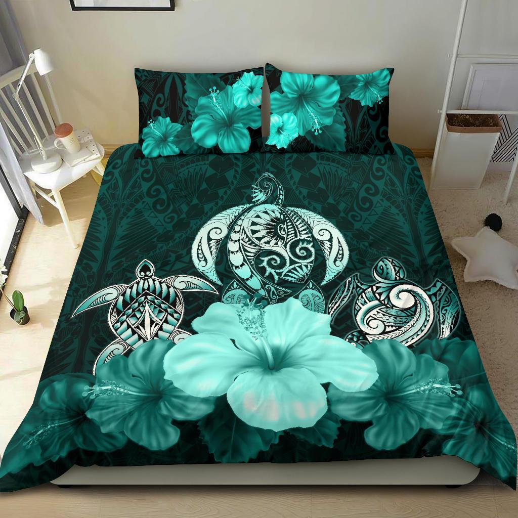 Three Turtle Polynesian Bedding Set Hibiscus Turquoise - Vibe Hoodie Shop