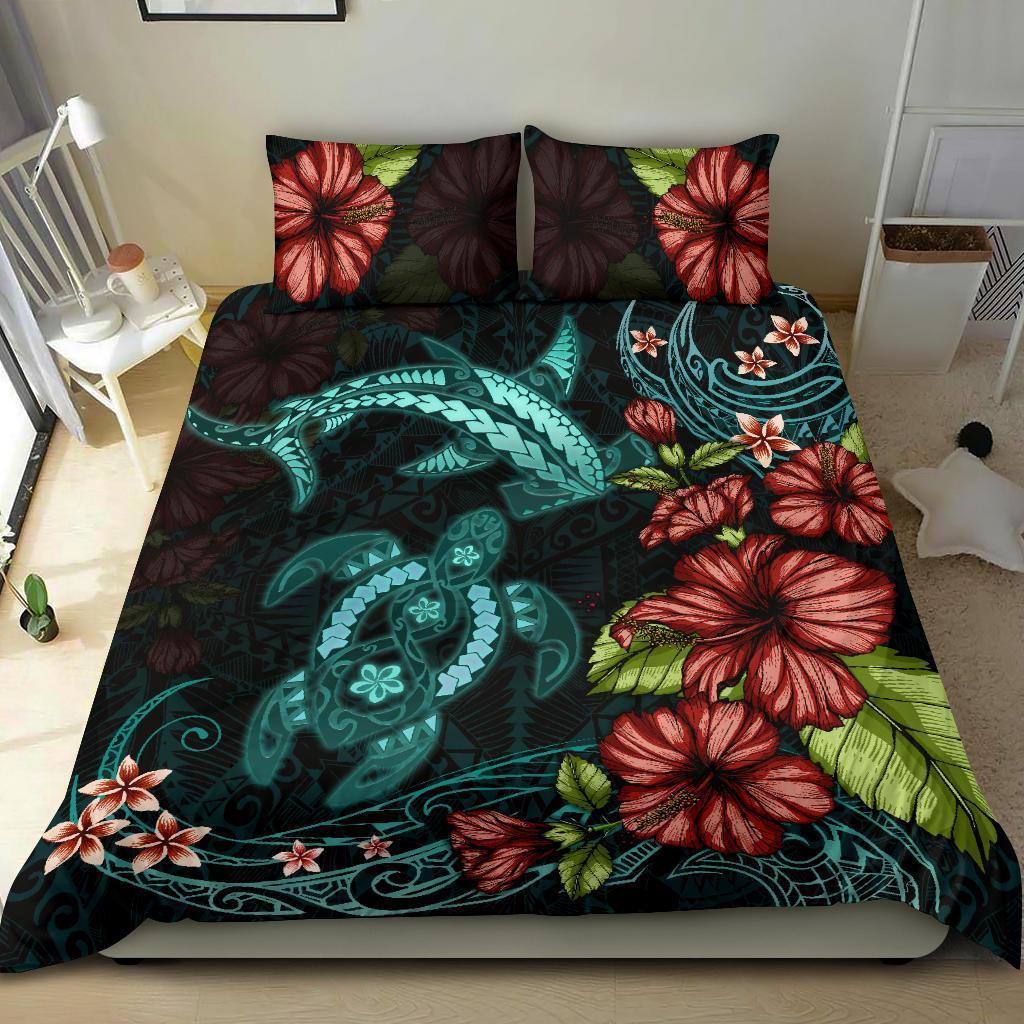 Shark And Turtle Bedding Set Hibiscus Turquoise - Vibe Hoodie Shop