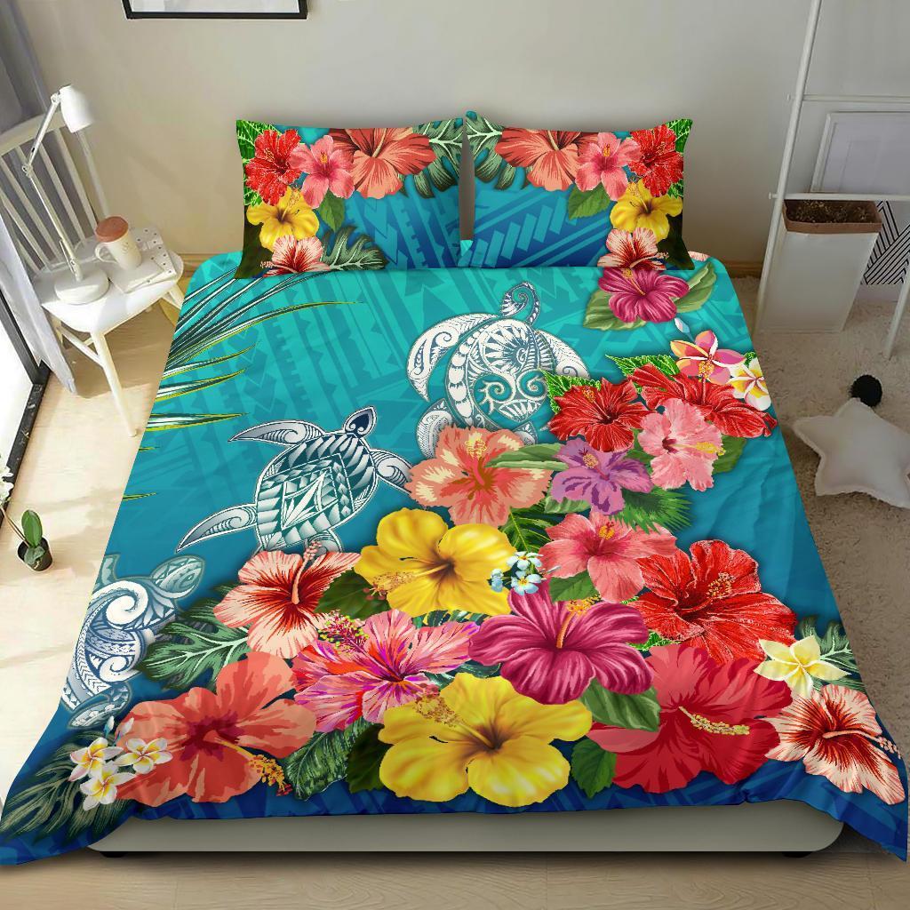 Three Turtle Polynesian Bedding Set Hibiscus Colorful - Vibe Hoodie Shop