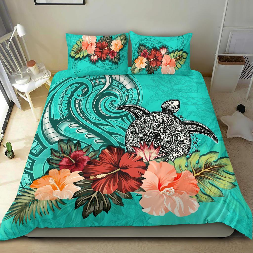 Turtle Polynesian Bedding Set Hibiscus Polynesian Turquoise - Vibe Hoodie Shop