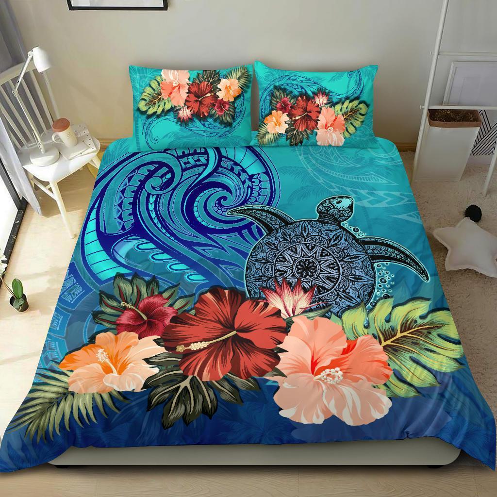 Turtle And Hibiscus Bedding Set Polynesian Blue - Vibe Hoodie Shop