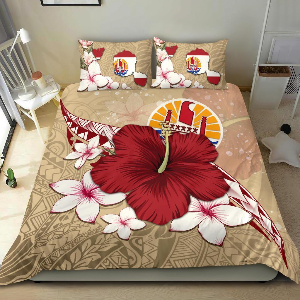 Tahiti Bedding Set - Beige Poly Hibiscus And Maps - Vibe Hoodie Shop