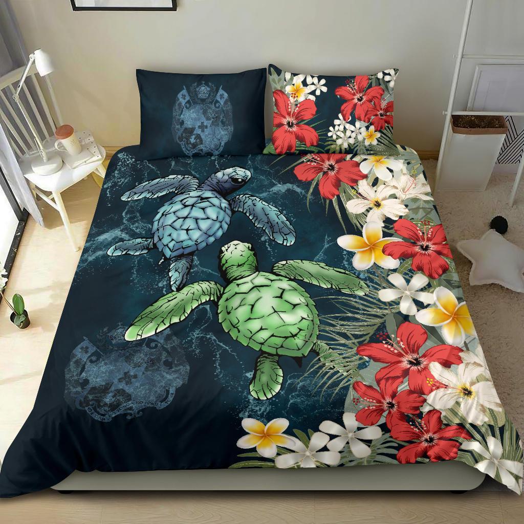 Tonga Bedding Set - Sea Turtle Tropical Hibiscus And Plumeria - Vibe Hoodie Shop