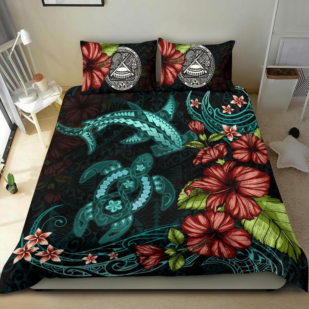 American Samoa Bedding Set Shark and Turtle Turquoise Hibiscus - Vibe Hoodie Shop