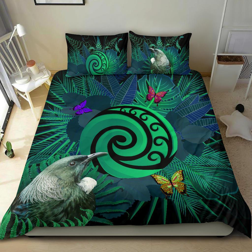 New Zealand Bedding Set Koru Fern Mix Tui Bird - Tropical Floral Turquoise - Vibe Hoodie Shop