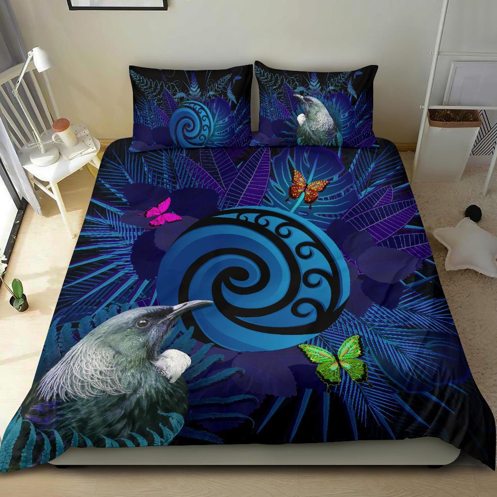 New Zealand Bedding Set Koru Fern Mix Tui Bird - Tropical Floral Blue - Vibe Hoodie Shop