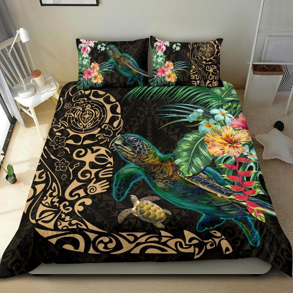 Tiki Polynesian Bedding Set Turtle Hibiscus - Gold - Vibe Hoodie Shop