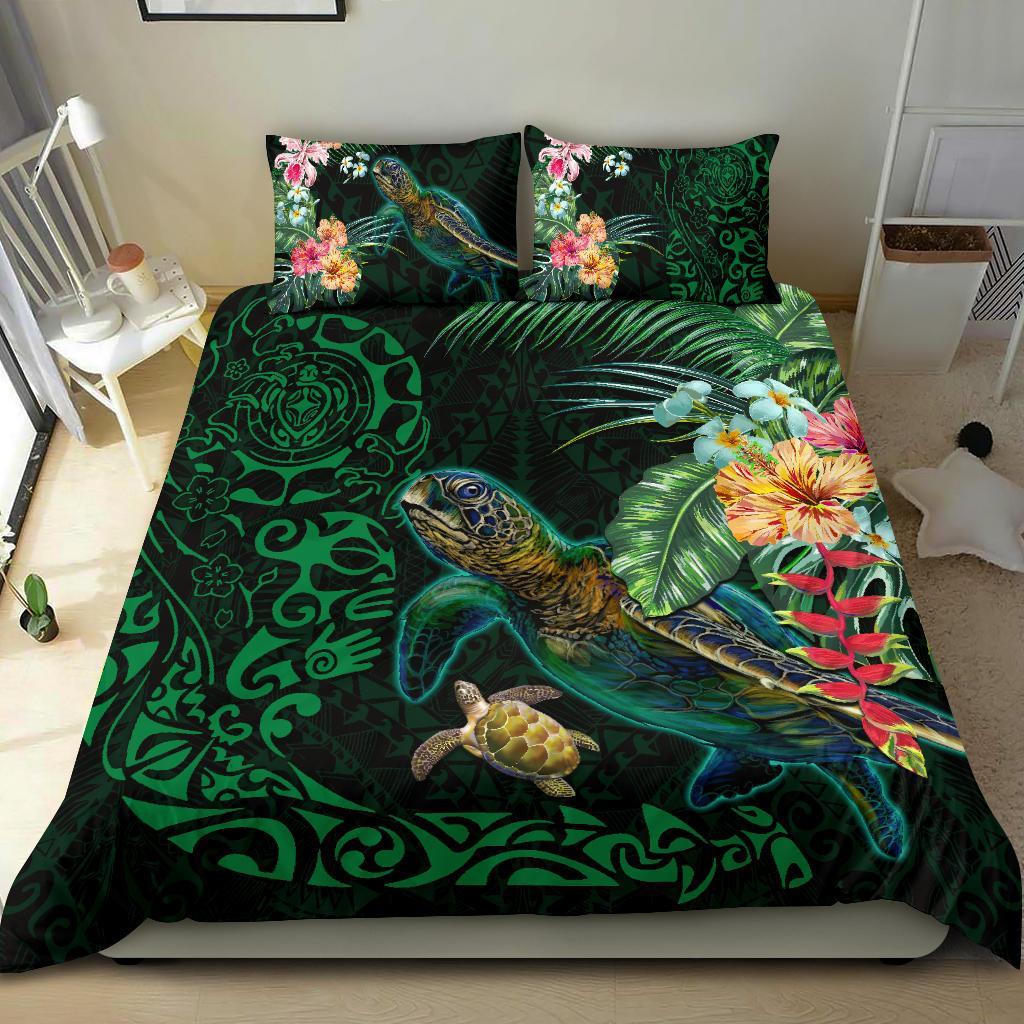 Tiki Polynesian Bedding Set Turtle Hibiscus - Green - Vibe Hoodie Shop