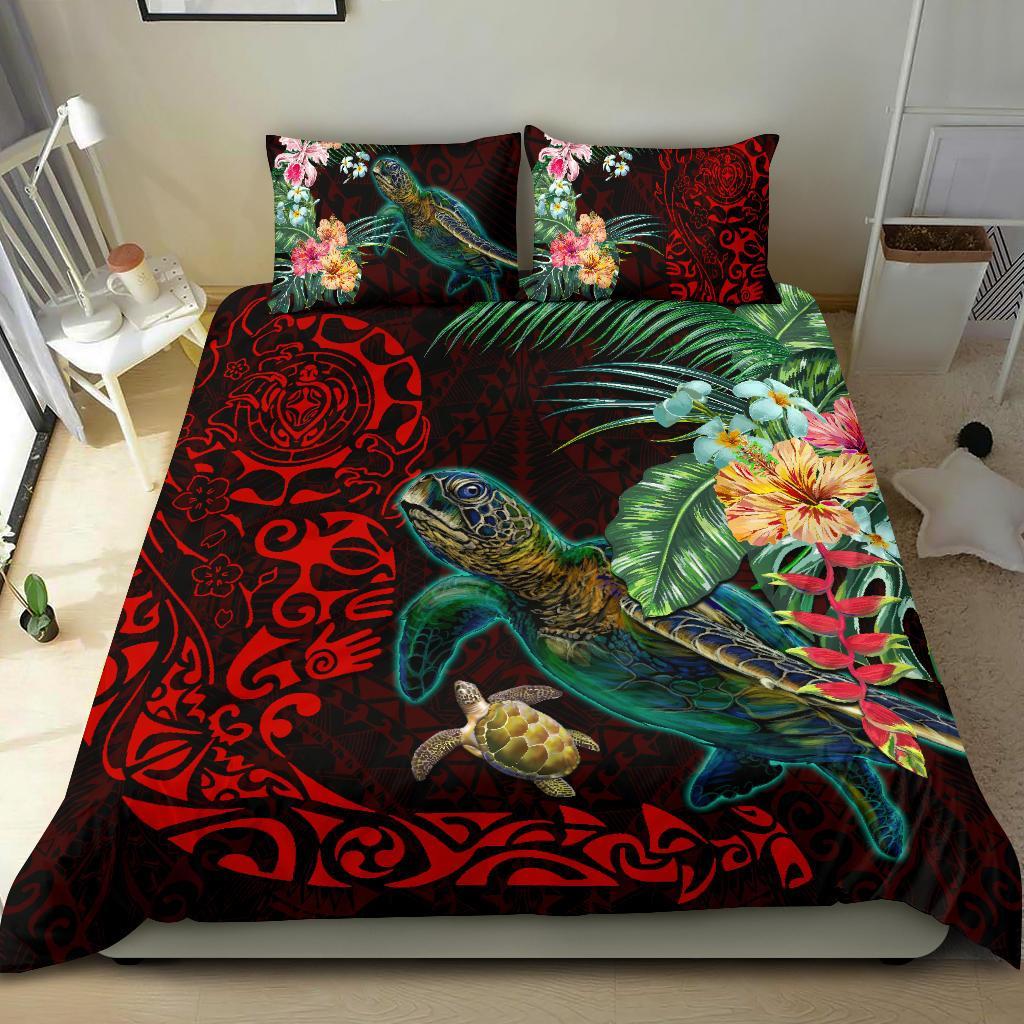 Tiki Polynesian Bedding Set Turtle Hibiscus - Red - Vibe Hoodie Shop