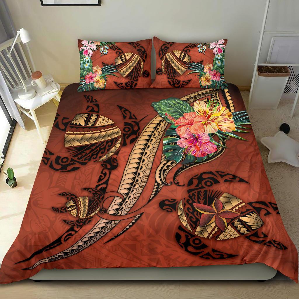 Polynesian Turtle Bedding Set - Tribal Tattoo With Hibiscus Coral - Vibe Hoodie Shop