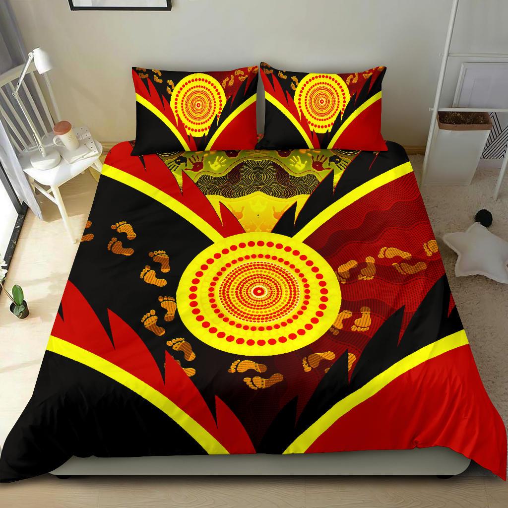 Aboriginal Bedding Set - Indigenous Flag With Footprint Hand Art - Vibe Hoodie Shop