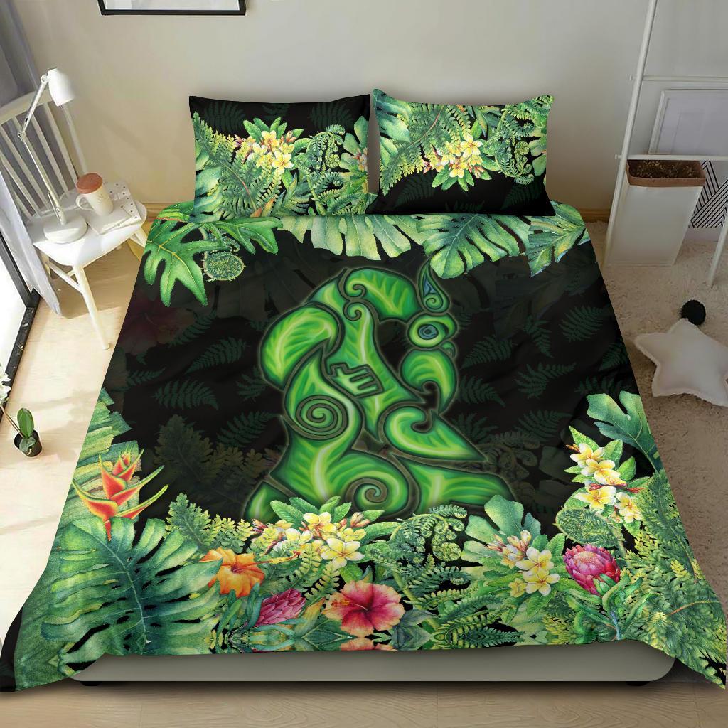 Maori Manaia Bedding Set Tropical Koru Fern With Plumeria Hibiscus - Vibe Hoodie Shop