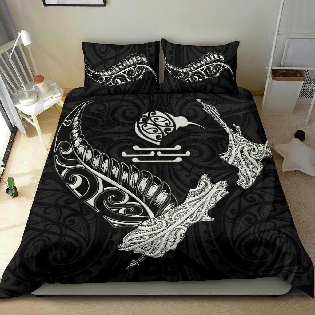 New Zealand Heart Bedding Set - Map Kiwi Mix Silver Fern White - Vibe Hoodie Shop