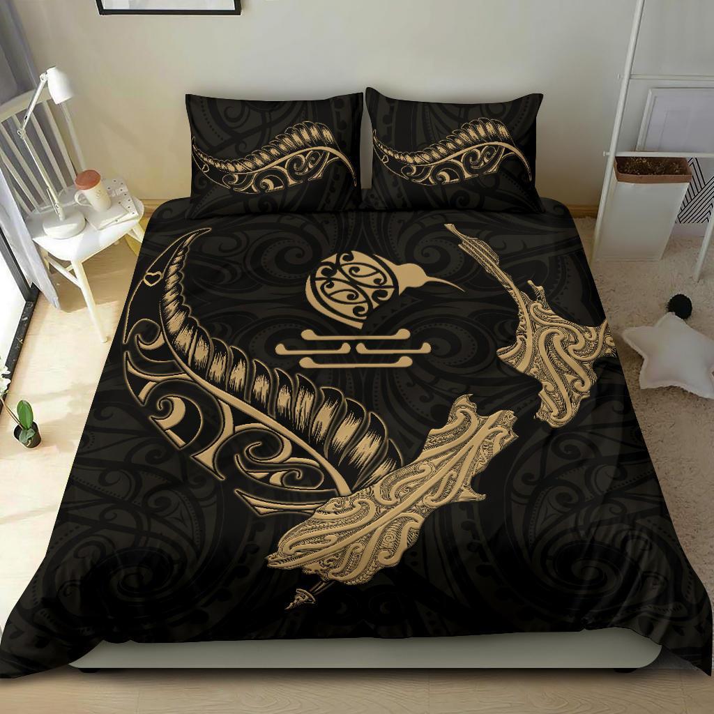 New Zealand Heart Bedding Set - Map Kiwi Mix Silver Fern Gold - Vibe Hoodie Shop