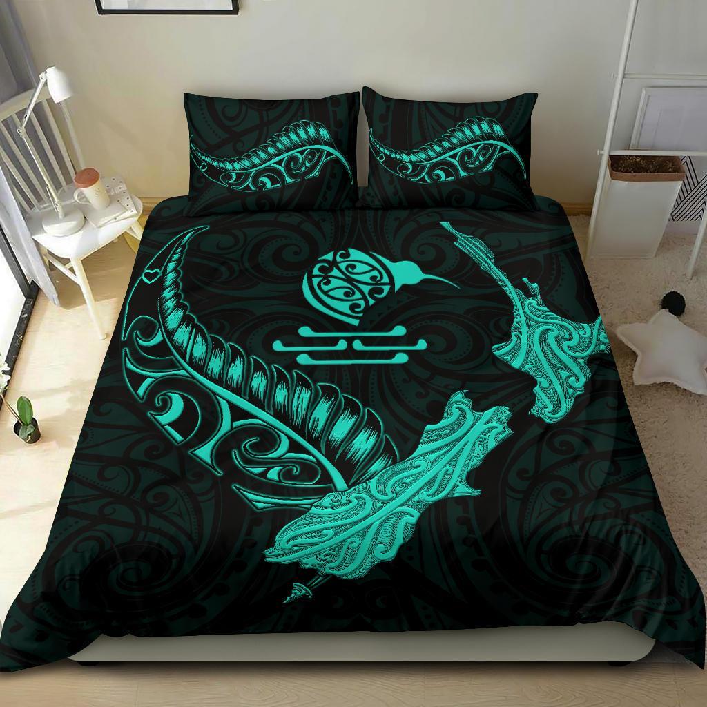 New Zealand Heart Bedding Set - Map Kiwi Mix Silver Fern Turquoise - Vibe Hoodie Shop