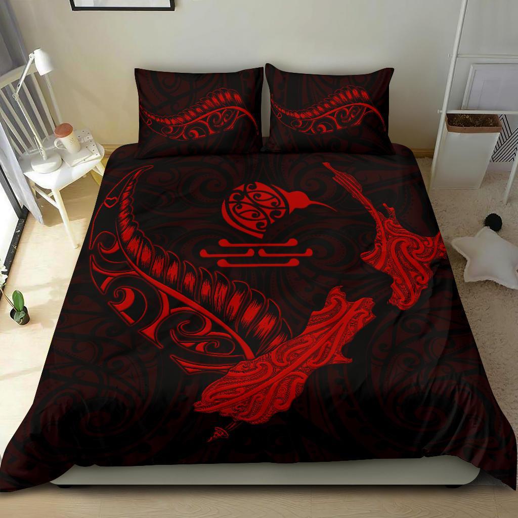 New Zealand Heart Bedding Set - Map Kiwi Mix Silver Fern Red - Vibe Hoodie Shop