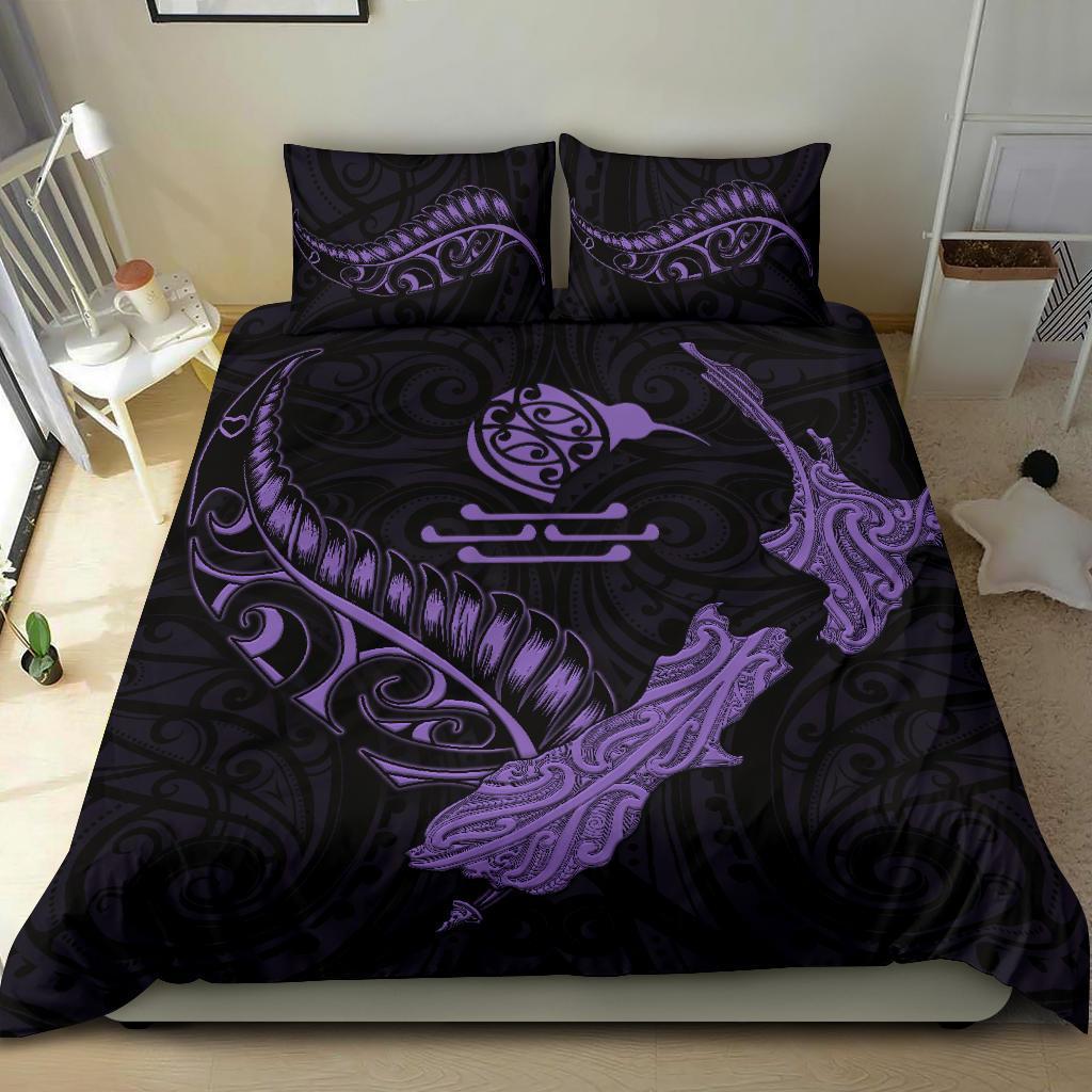 New Zealand Heart Bedding Set - Map Kiwi Mix Silver Fern Pastel Purple - Vibe Hoodie Shop