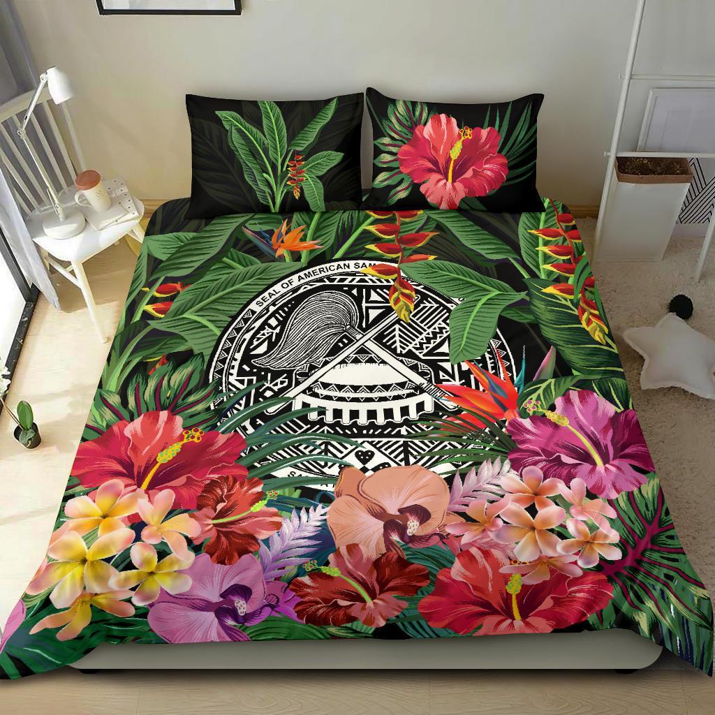 American Samoa Bedding Set - Coat Of Arms Tropical Flowers And Banana Leaves - Vibe Hoodie Shop