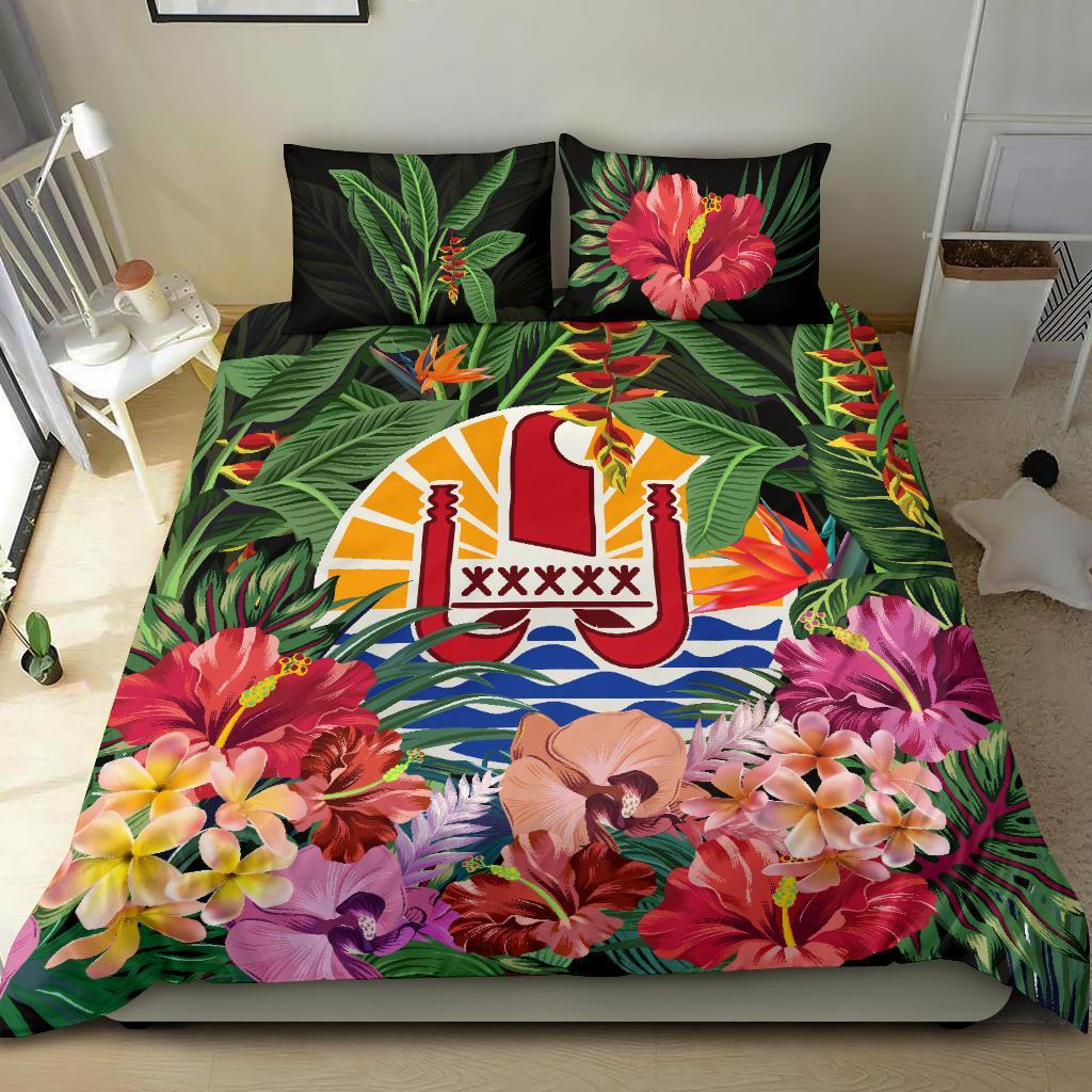 Tahiti Bedding Set - Coat Of Arms Tropical Flowers And Banana Leaves - Vibe Hoodie Shop