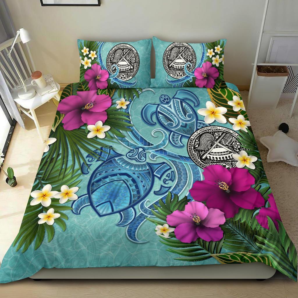 American Samoa Bedding Set - Polynesian Turtle Hibiscus And Plumeria - Vibe Hoodie Shop