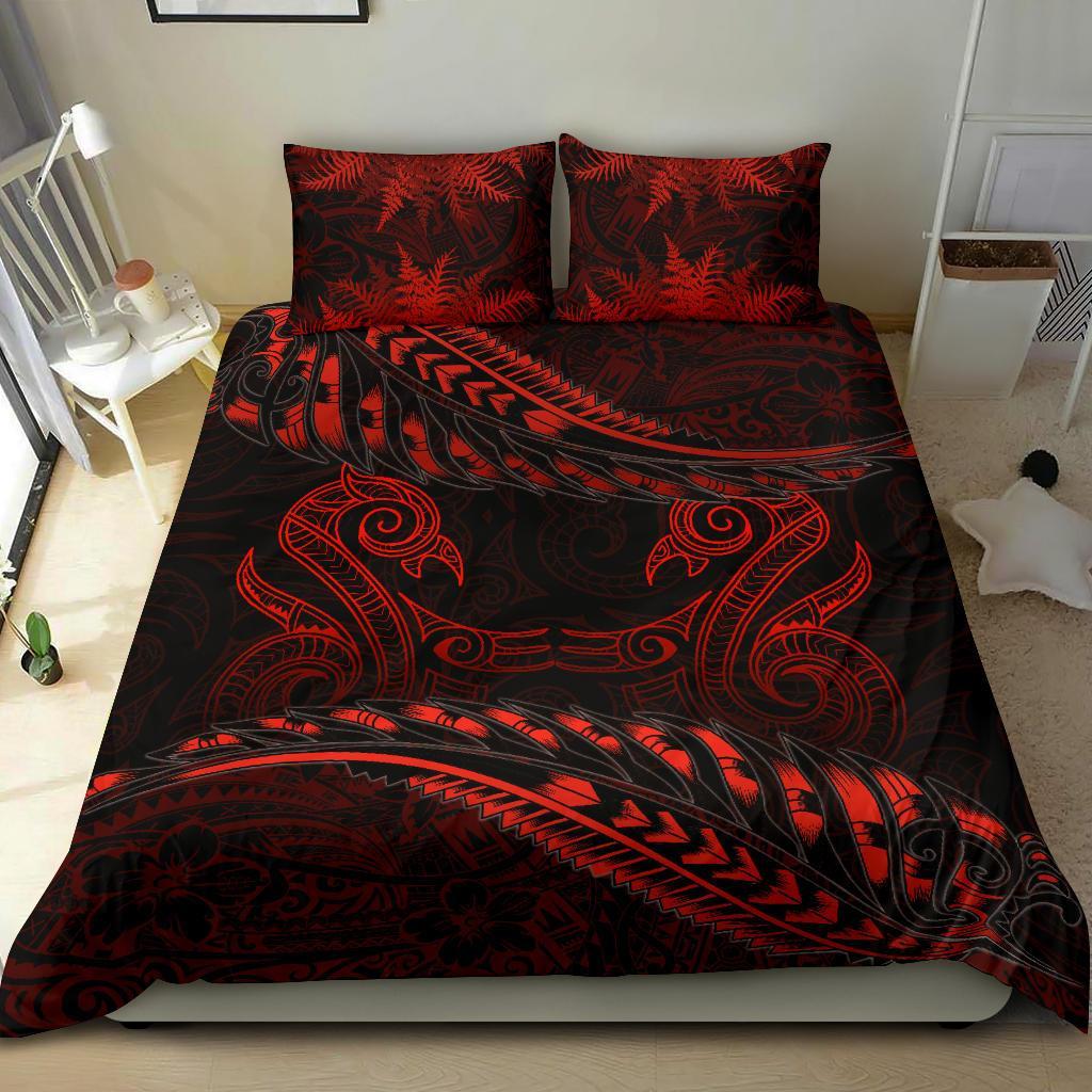 Aotearoa Bedding Set Red Maori Manaia With Silver Fern - Vibe Hoodie Shop