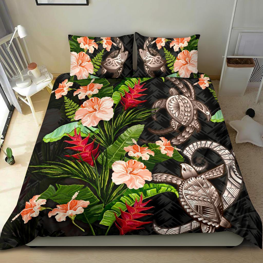 Turtle Polynesian Bedding Set Palm Leaf Hibiscus - Vibe Hoodie Shop