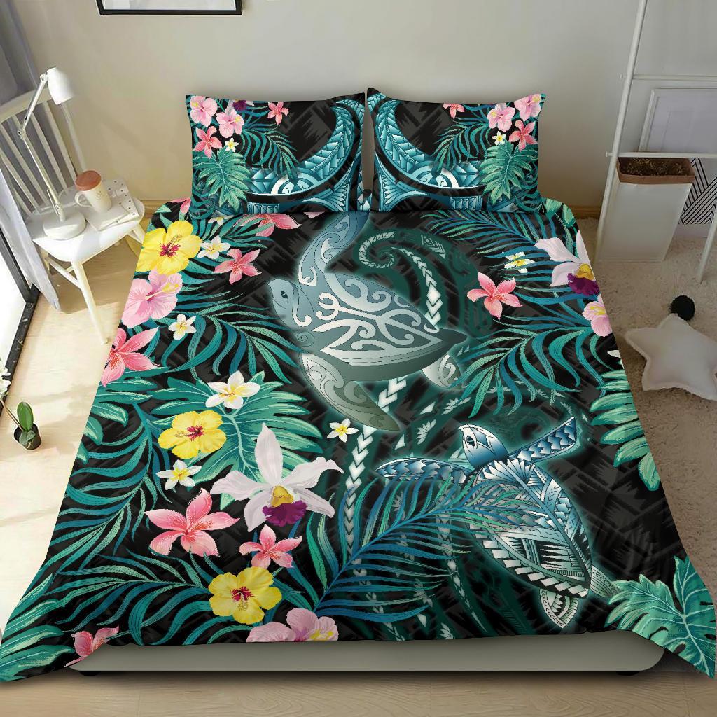 Turtles Love Bedding Set Hibiscus With Palm Leaves - Vibe Hoodie Shop