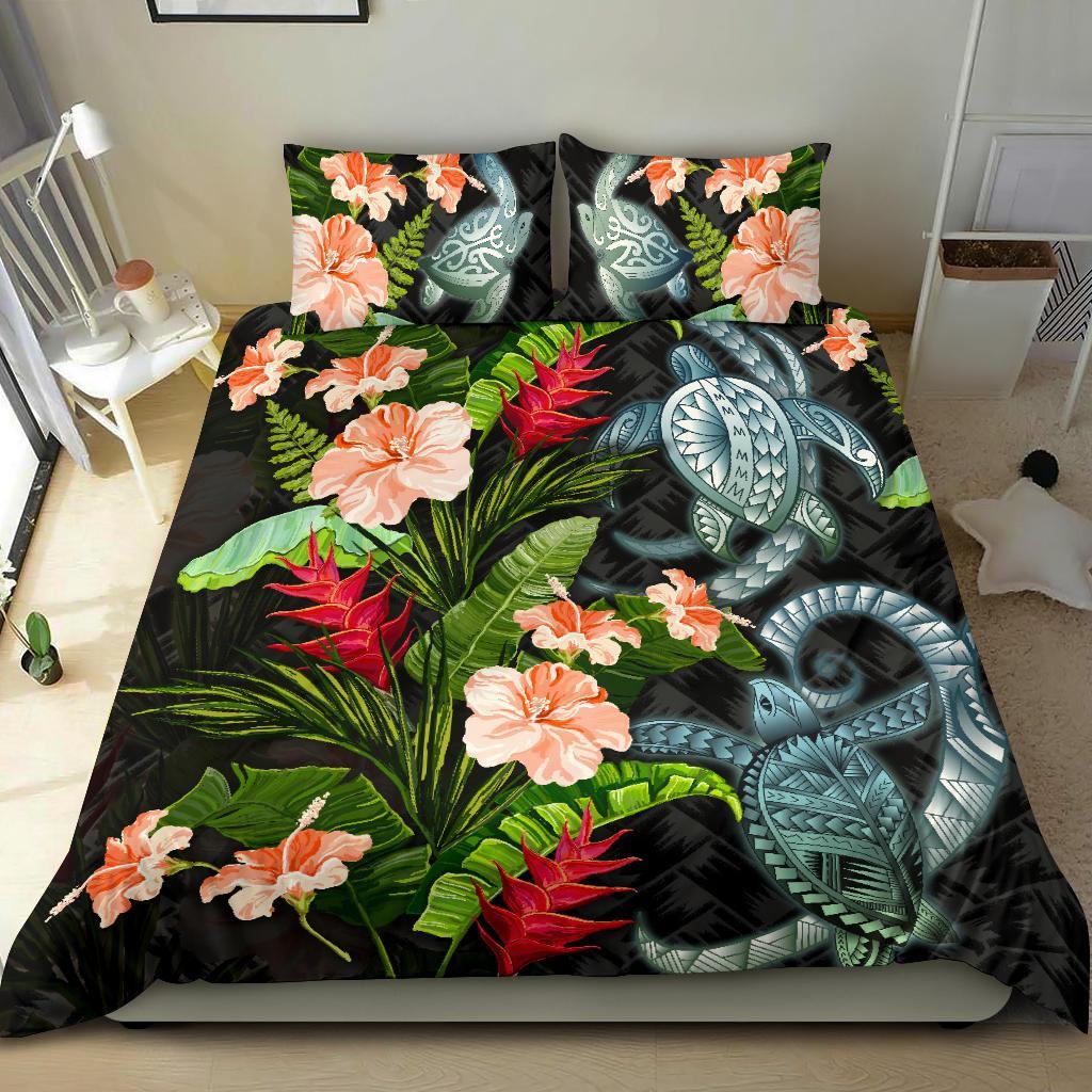 Turtle Bedding Set Palm Leaves Mix Hibiscus - Vibe Hoodie Shop