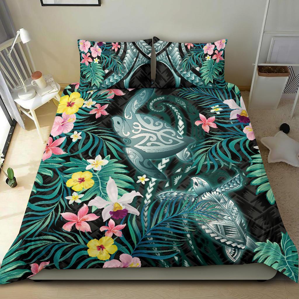 Turtle Bedding Set Hibiscus Palm Leaves Duvet Cover And Pillow Case - Vibe Hoodie Shop