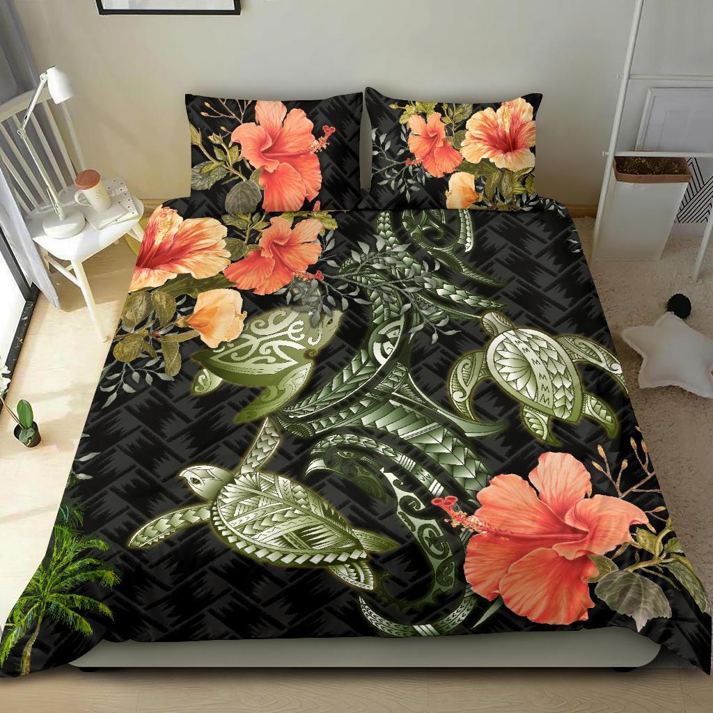 Three Turtle Bedding Set Polynesian Hibiscus Duvet Cover And Pillow Case - Vibe Hoodie Shop