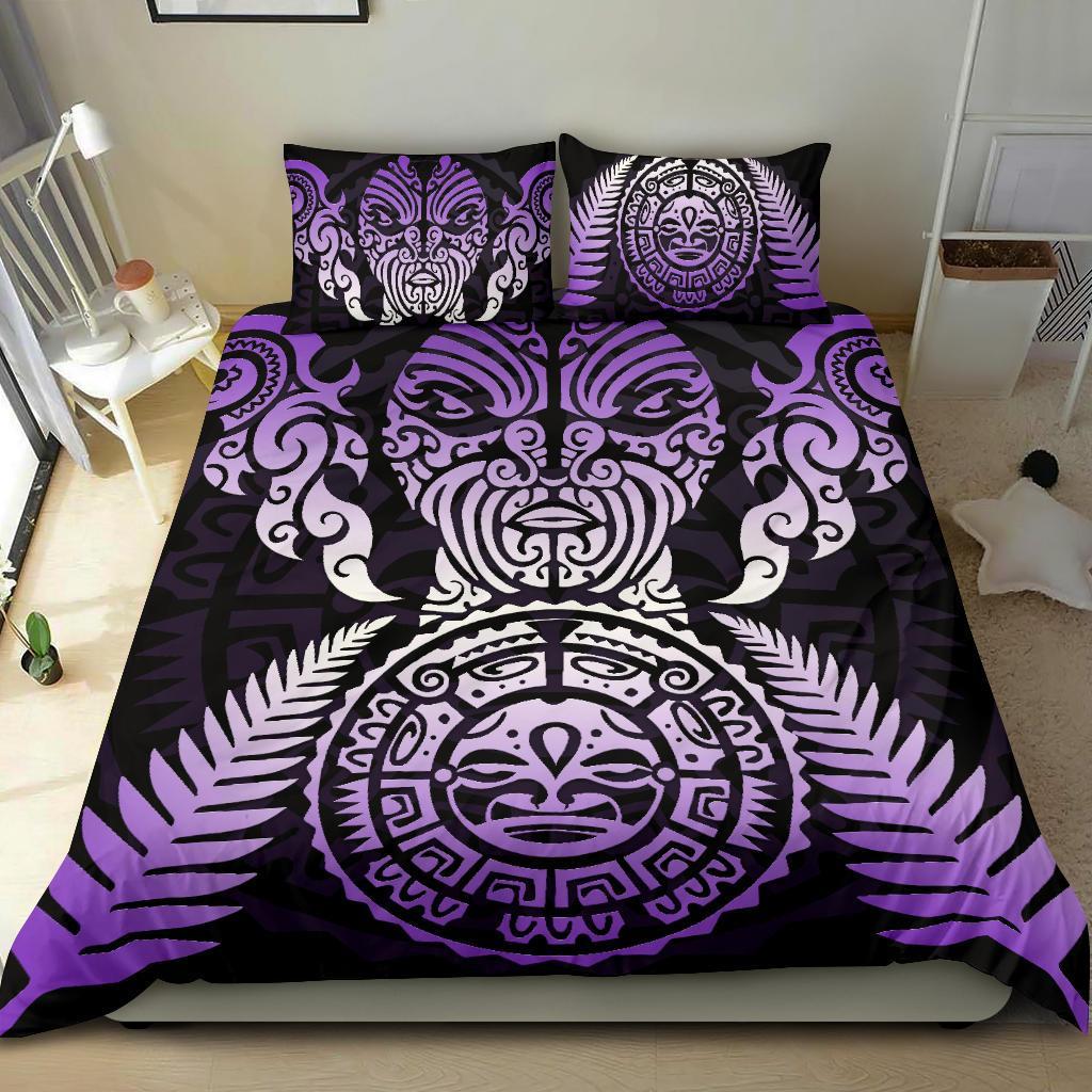 Maori Face Fern New Zealand Bedding Set Purple - Vibe Hoodie Shop